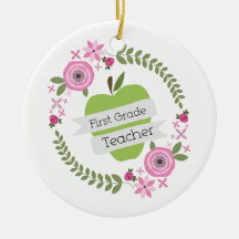 First Grade Teacher Green Apple Floral Wreath Christmas Ornaments