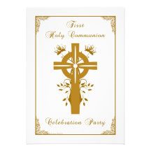 First Holy Communion - Cross Floral Design Personalized Announcements