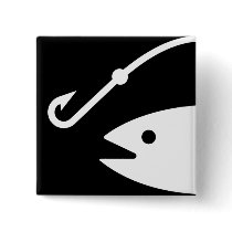 Fish Head and Hook - Black and White Button