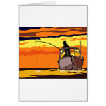 fisherman fishing boat at sea with sunset card