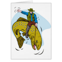 fisherman riding trout greeting cards