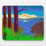 fishing sailboat with lake mountains mouse pad