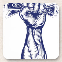 Fist holding up money beverage coasters