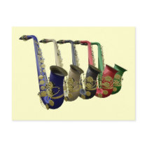 Five Colourful Saxophones In A Line Postcard