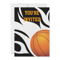 Flaming Basketball Birthday B/W Party Invitations