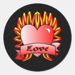 Flaming Heart Tattoo Style Round Stickers
