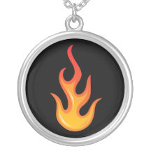 Flaming hot fire flame on black silver necklace