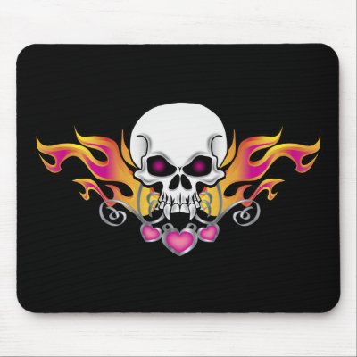 Flaming Skull and Hearts Mouse Mat by dlreyes41