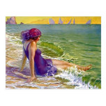 Flapper Girl At The Sea Postcard Sailboats Cloche