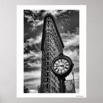 Flatiron Building and Clock in Black and White Print