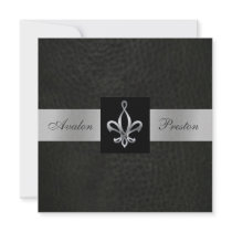 Fleur De Lis Blk Faux Leather Monogram Invitation