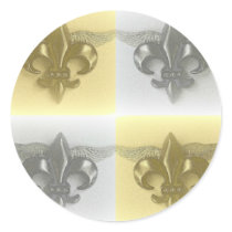 FLEUR DE LIS GOLD AND SILVER COLLAGE PRINT ROUND STICKERS