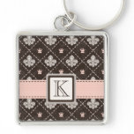 Fleur De Lis Monogrammed Key Chain Ring Pink Brown