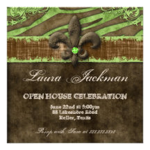 Fleur de Lis Photo Card Lime Brown Zebra Suede Announcements
