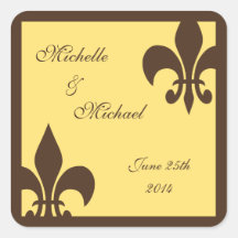 Fleur de Lis Wedding Stickers Yellow Brown