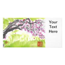 Fleur de prune dans le carte photo vert cartes de vœux avec photo