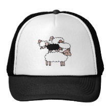 flock of sheep with black sheep trucker hats