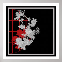 Floral asiatique rouge noir posters