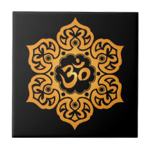 Floral Aum Design, golden black Tiles