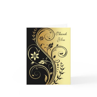 Floral Black & Gold Scroll Wedding Thank You Card by TheInspiredEdge