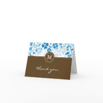 Floral Blue-Brown Monogram Thank You Card