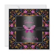 Floral Pink Black Butterfly Birthday Party