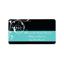 Floral scroll leaf black aqua wedding address label