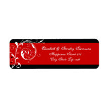 Floral scroll leaf black, red wedding return address label