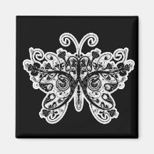 Floral Swirls Butterfly - Black & White Refrigerator Magnet