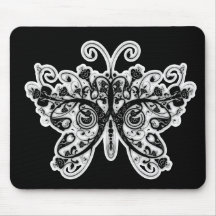Floral Swirls Butterfly - Black & White Mouse Pads