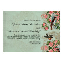 Floral Vintage Modern Pink Roses Love Birds Swirls Custom Announcements