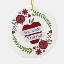 Floral Wreath Red Apple First Grade Teacher Christmas Ornaments