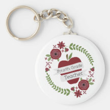 Floral Wreath & Red Apple Fourth Grade Teacher Keychains