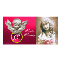 FLORENTINE RENAISSANCE ANGEL Fuchsia Gem Monogram Personalized Photo Card