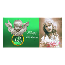 FLORENTINE RENAISSANCE ANGEL Green Gem Monogram Customized Photo Card