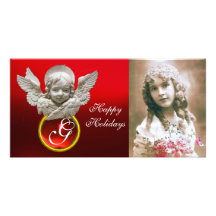 FLORENTINE RENAISSANCE ANGEL Red Ruby Gem Monogram Photo Card