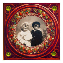 FLORENTINE RENAISSANCE FRUITS BLACK RED DAMASK PERSONALIZED ANNOUNCEMENT