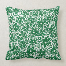 Flower Design - Forest Green on White Throw Pillows