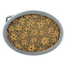 Flower Design - Golden on Black Oval Belt Buckle