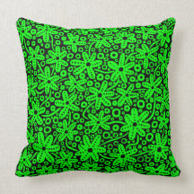 Flower Design - Green on Black Throw Pillow