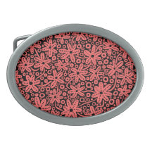 Flower Design - Peach on Black Oval Belt Buckle