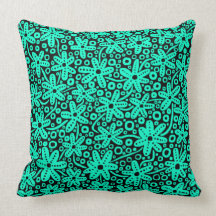 Flower Design - Turquoise on Black Throw Pillows