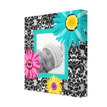 Flower Kids Photo Canvas Bold Daisy Retro Blue Gallery Wrapped Canvas