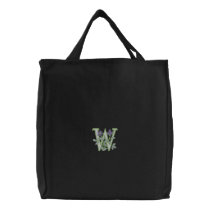 Flower Monogram Initial W Embroidered Tote Bags