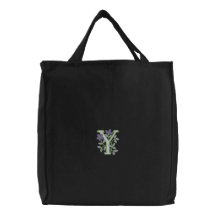 Flower Monogram Initial Y Embroidered Tote Bag