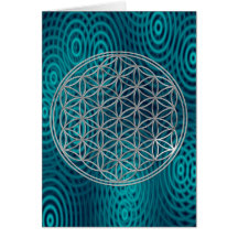 Flower Of Life | silver, cyan rings Greeting Card