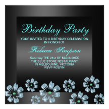 Flower Party Black/Blue Birthday Invitation