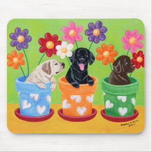 Flower Pot Lab Puppies Painting Mousepads