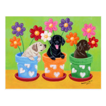 Flower Pot Lab Puppies Painting Post Cards