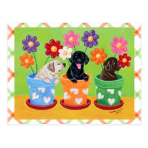 Flower Pot Lab Puppies Painting Post Cards